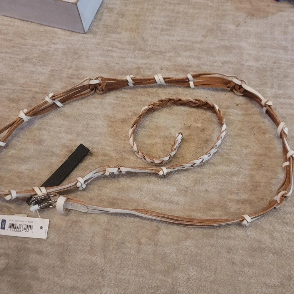 NWT Chaps Braided Leather Belt White Tan Knotted Accent Silver Buckle Women's XL
